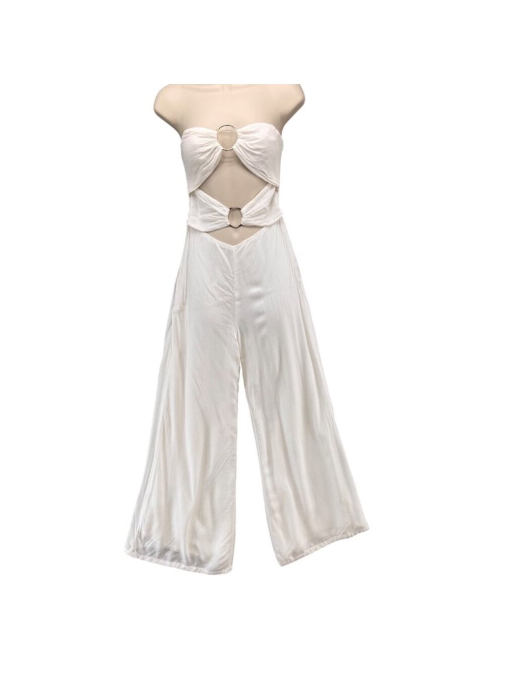 RNWY Runaway Etta Jumpsuit Womens White Strapless Cut Out Wide Leg Size S